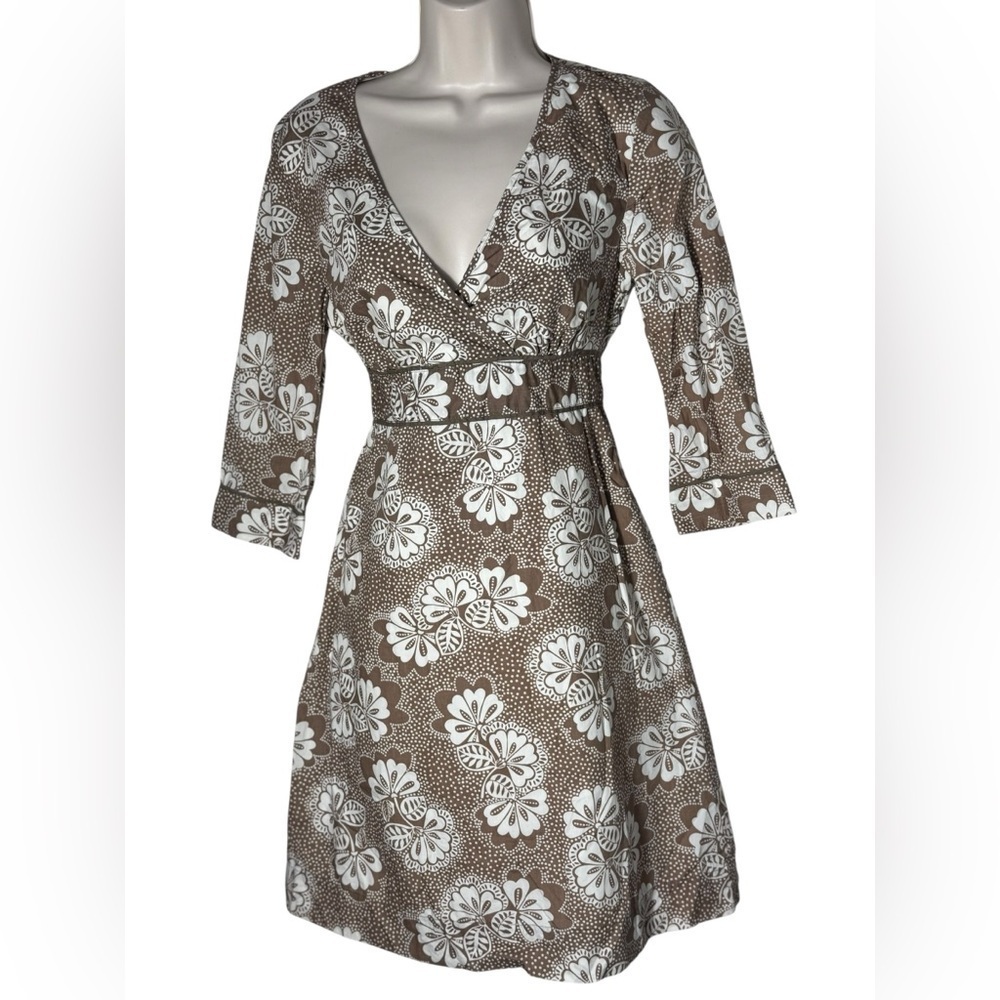 Boden Beige Brown Floral A-Line Sheath Dress Wrap Around Dress Size 10R